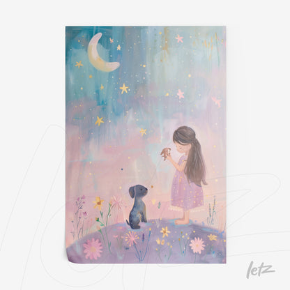 illustration of a young girl in a purple dress holding a bird next to a dog, set against a starry sky and colorful flowers