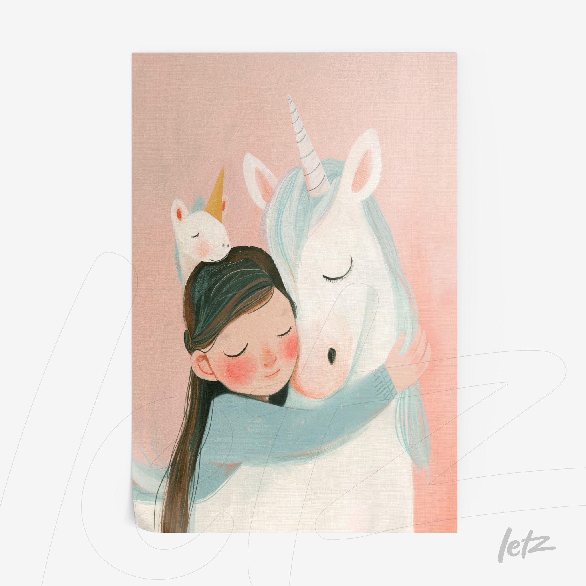 whimsical children's illustration of a girl hugging a unicorn featuring a soft pink background and a tiny unicorn on her head