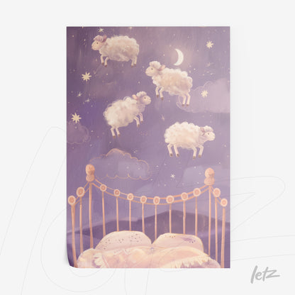wall art featuring floating sheep under a starry sky above a bed on a soft purple background