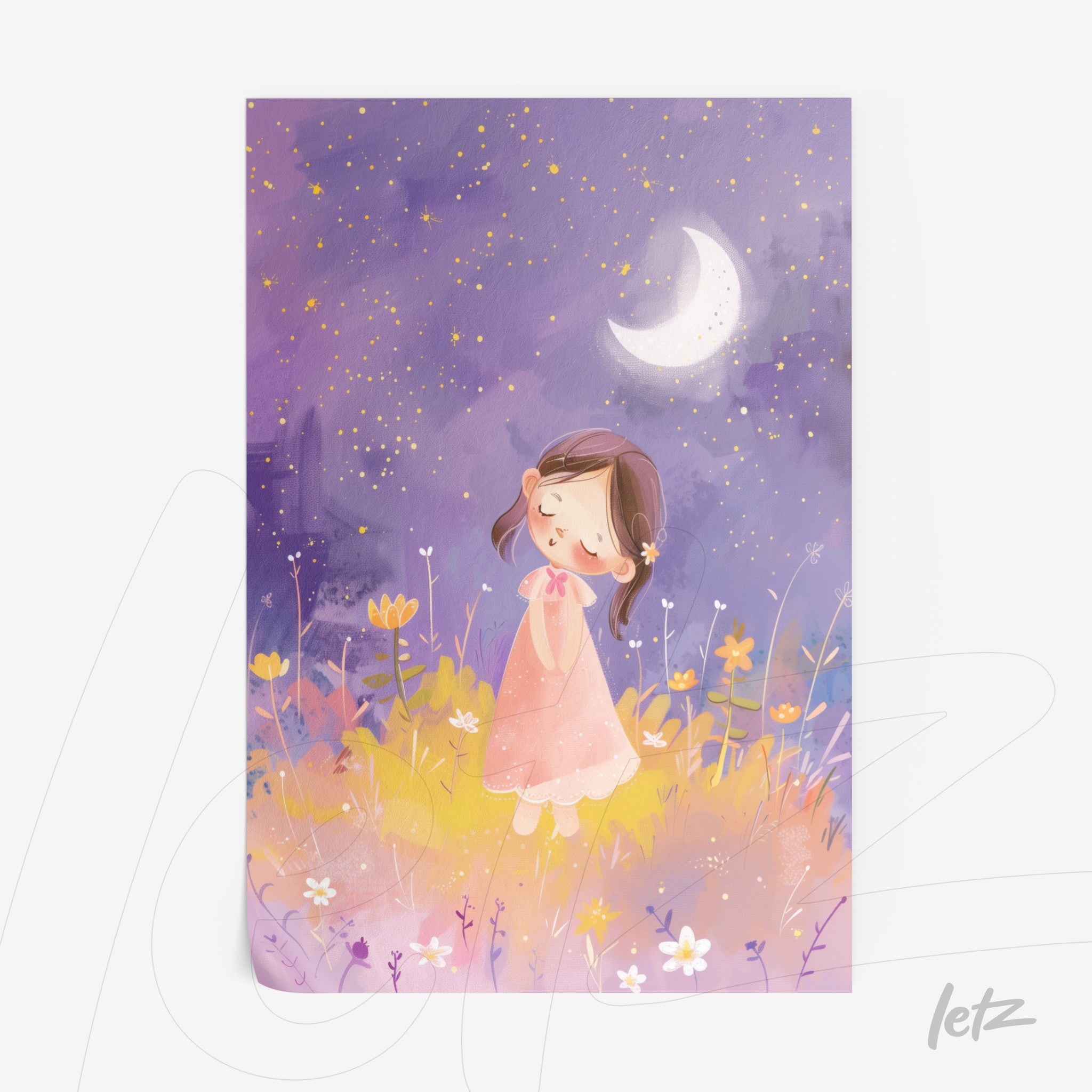 framed artwork of a smiling girl in a floral meadow under a starry sky