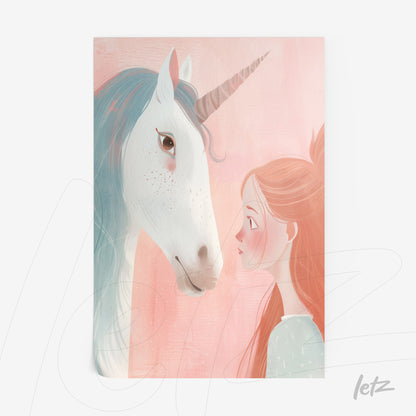 digital art of a girl gazing at a unicorn with a pink background