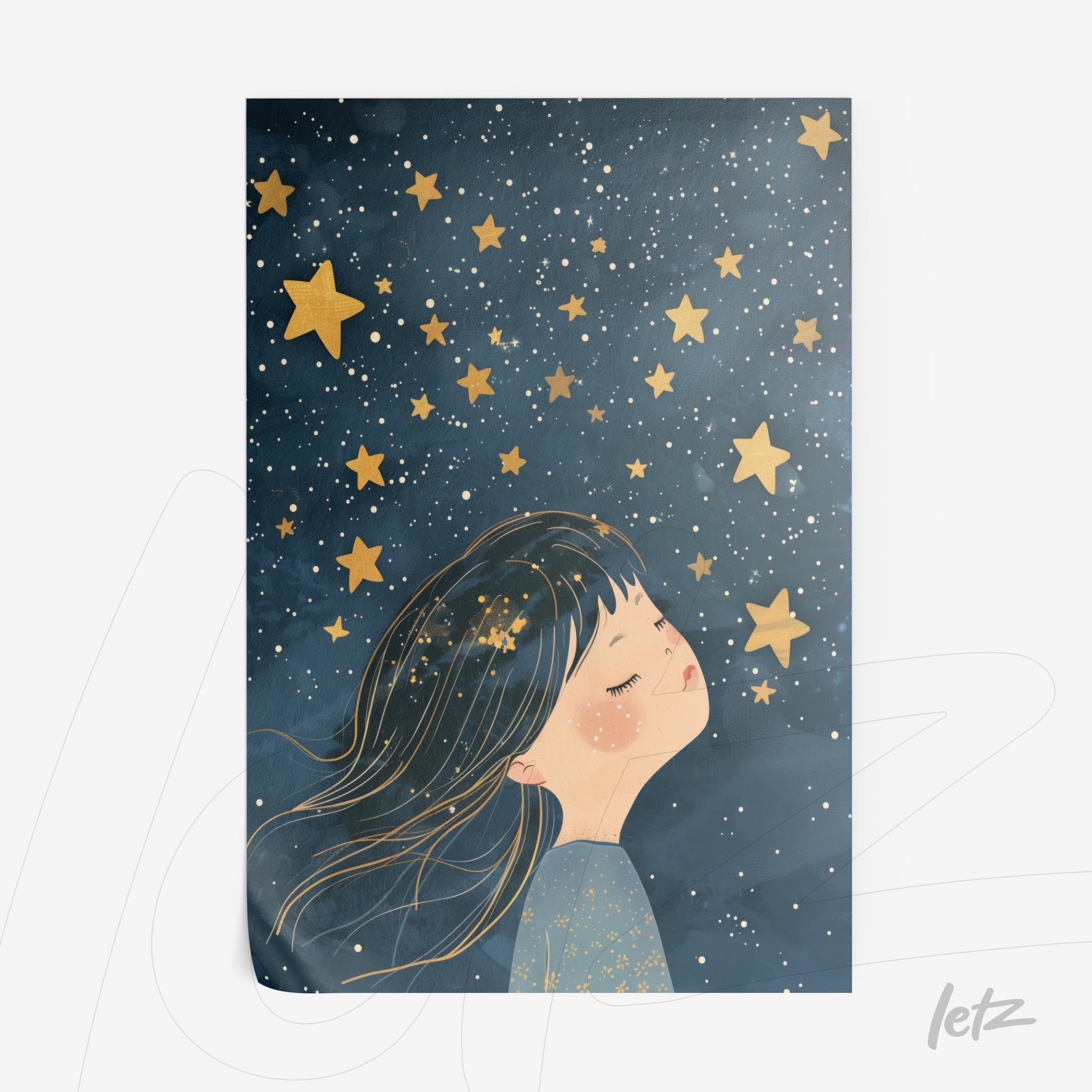 illustration of a dreamy girl with flowing hair and golden stars against a dark blue background