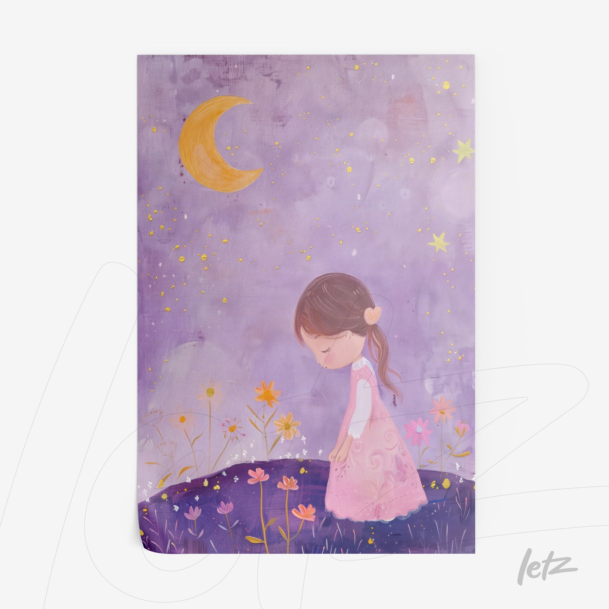 illustration of a girl in a pink dress with her hair tied, surrounded by colorful flowers under a purple night sky with stars and a yellow moon