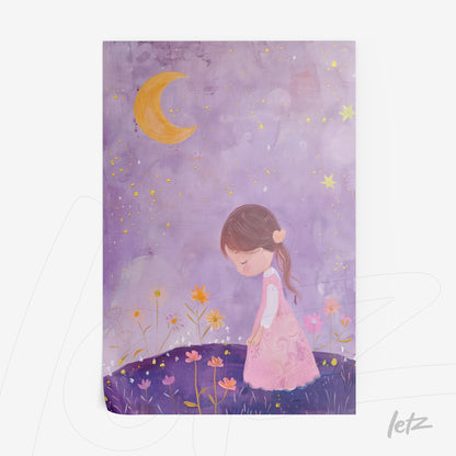 illustration of a girl in a pink dress with her hair tied, surrounded by colorful flowers under a purple night sky with stars and a yellow moon