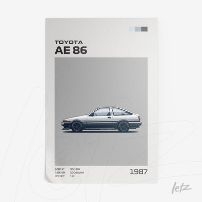framed artwork featuring a minimalist illustration of the Toyota AE 86 on a gray background with graphic details