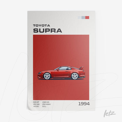 framed wall art featuring a digital illustration of a 1994 Toyota Supra on a red background