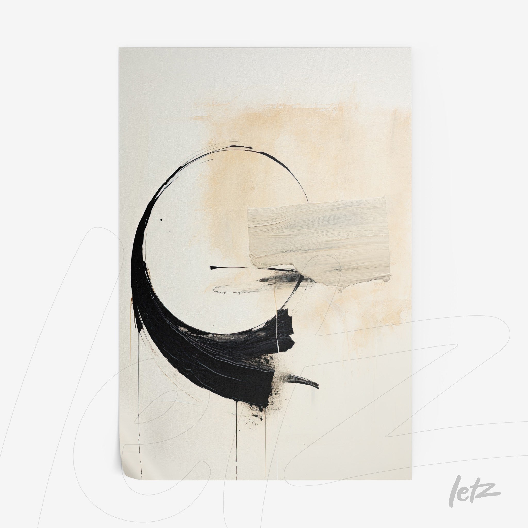 abstract wall art featuring black brush strokes and light tones creating a circular shape