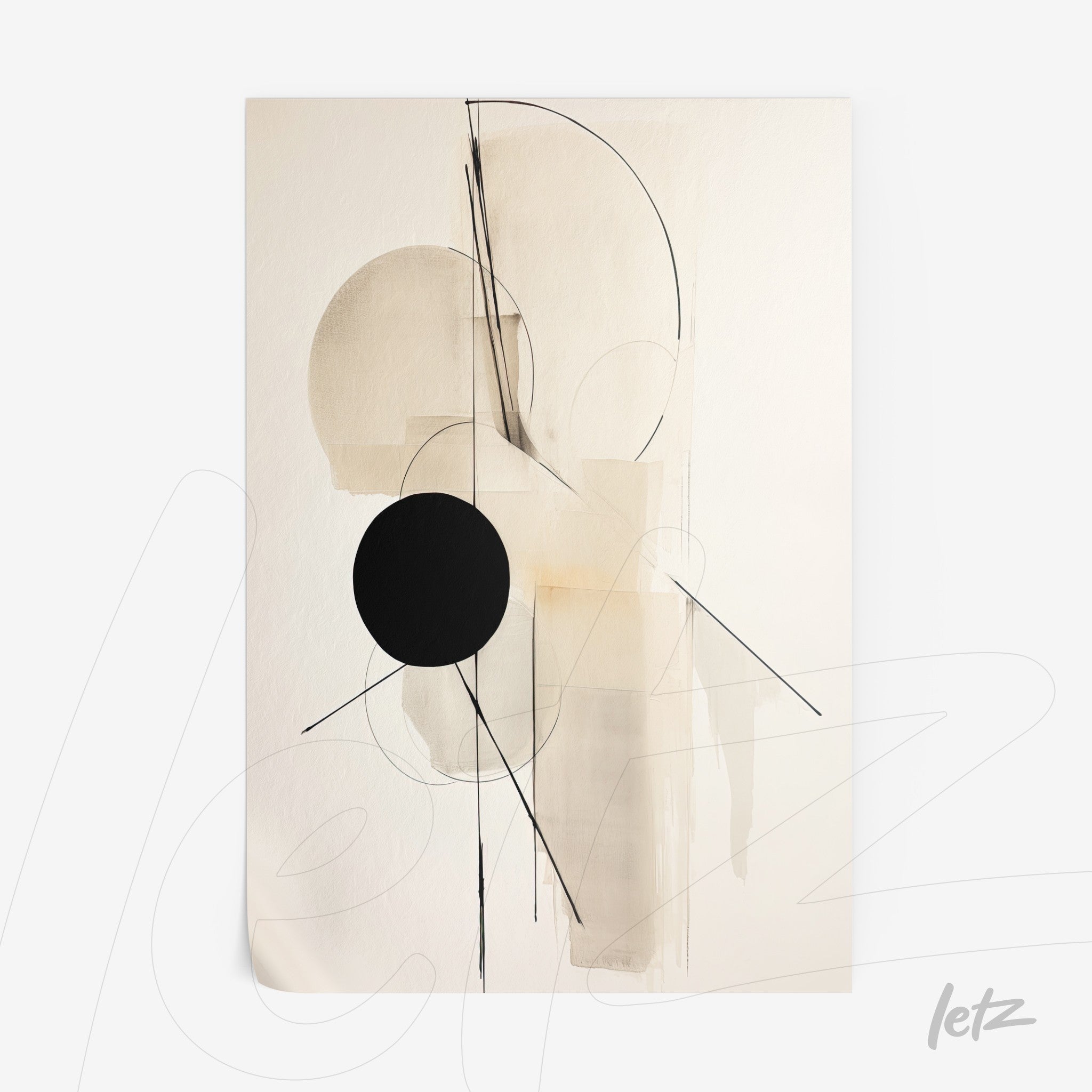 abstract wall art in neutral tones featuring geometric shapes with a prominent black circle