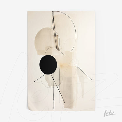 abstract wall art in neutral tones featuring geometric shapes with a prominent black circle