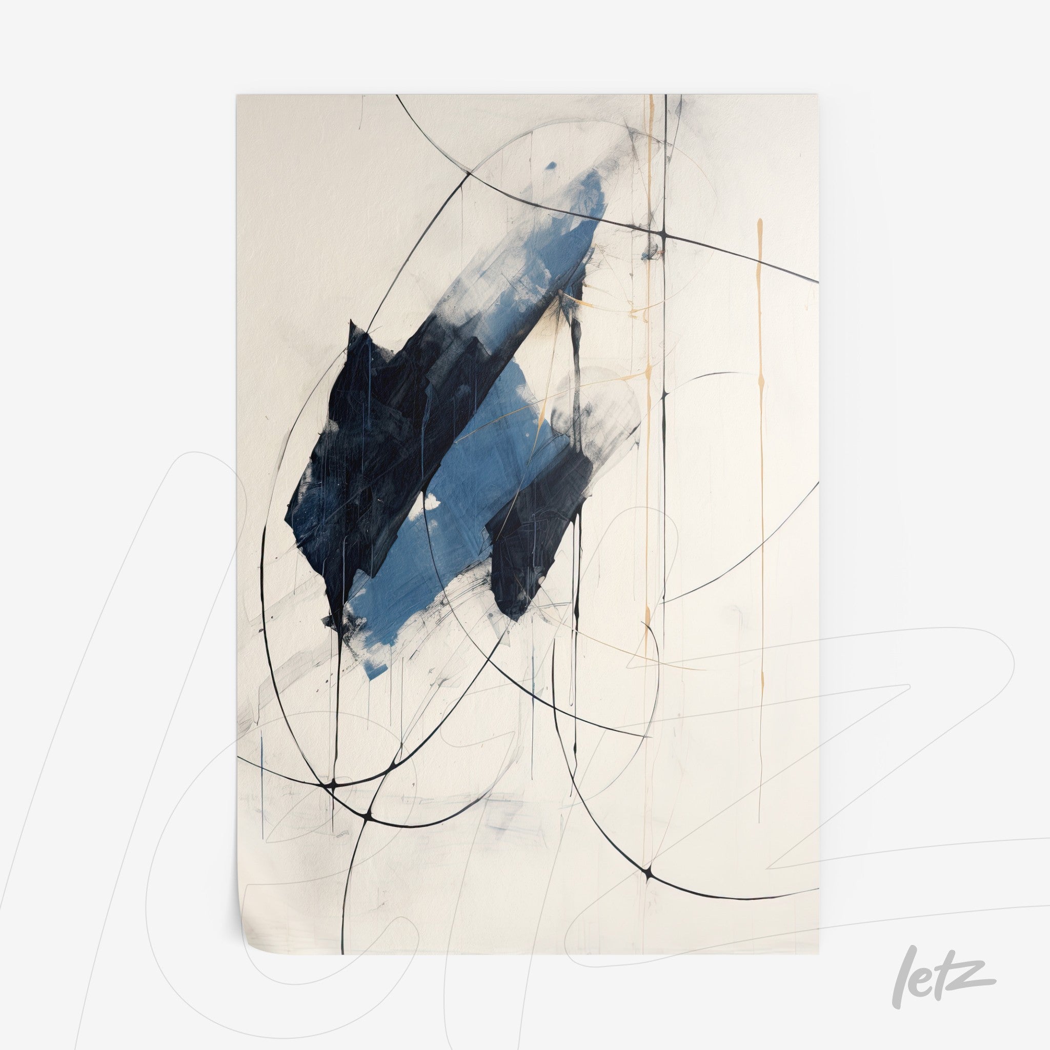 abstract wall art featuring geometric shapes in shades of blue and black lines on a light background