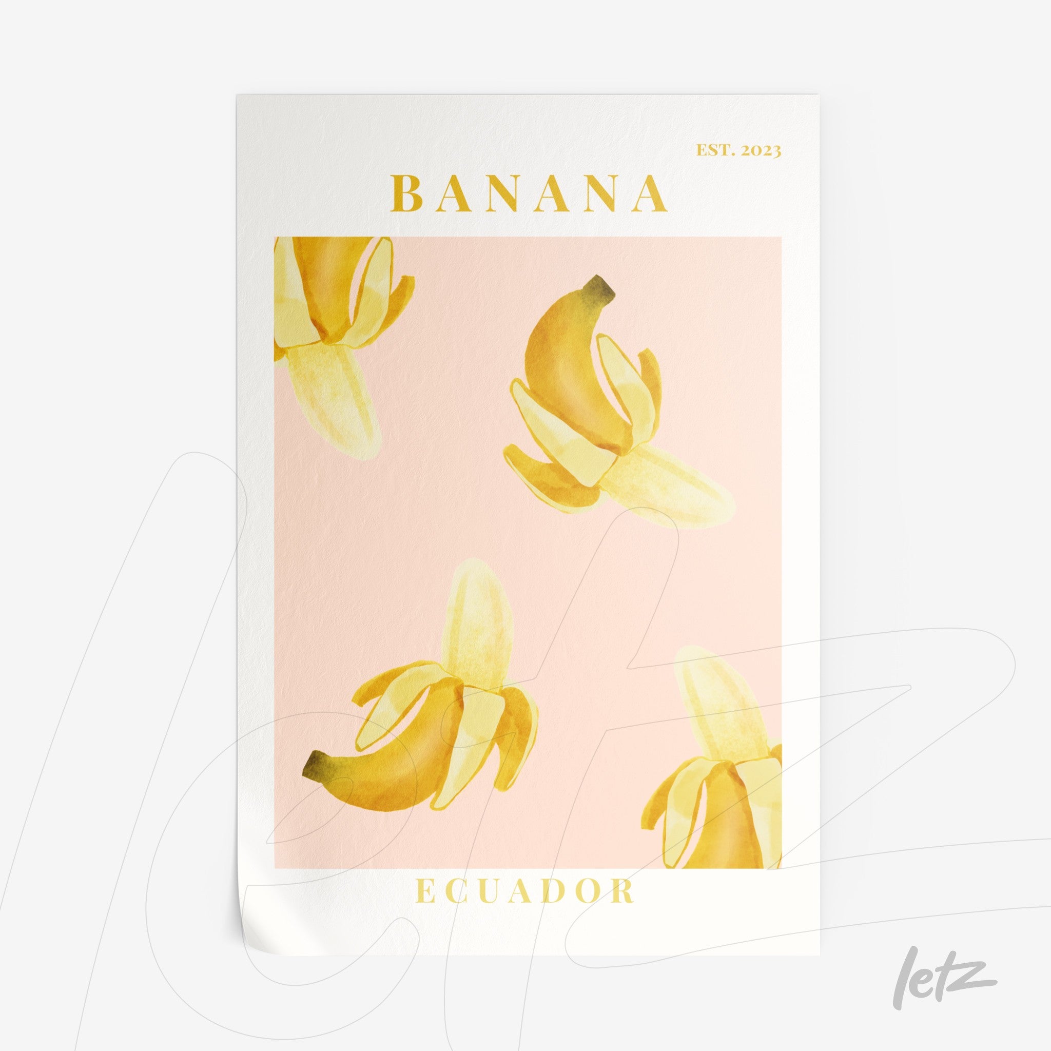poster print featuring banana illustration on pink background with gold accents
