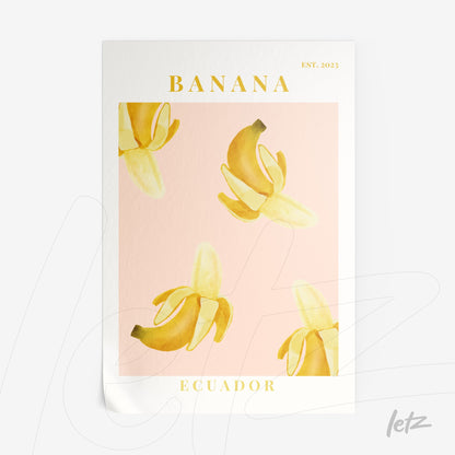 poster print featuring banana illustration on pink background with gold accents