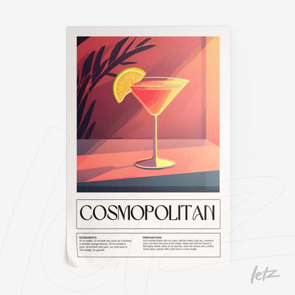 modern artwork featuring cosmopolitan cocktail in a martini glass with lime slice and orange background