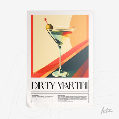 retro style poster art of a dirty martini cocktail against a colorful background