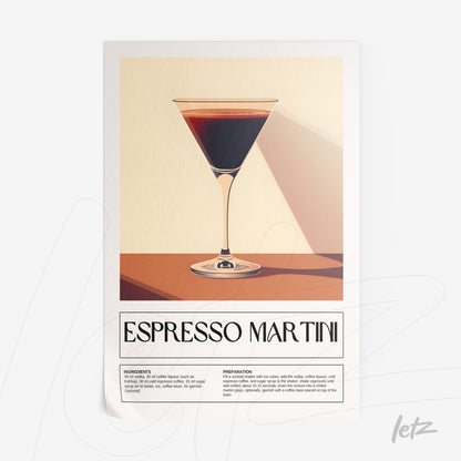 minimalist wall art featuring an espresso martini glass on a light background with informative text