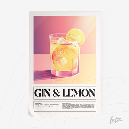 poster print featuring digital artwork of gin and lemon cocktail in a glass with ice cubes on vibrant warm background