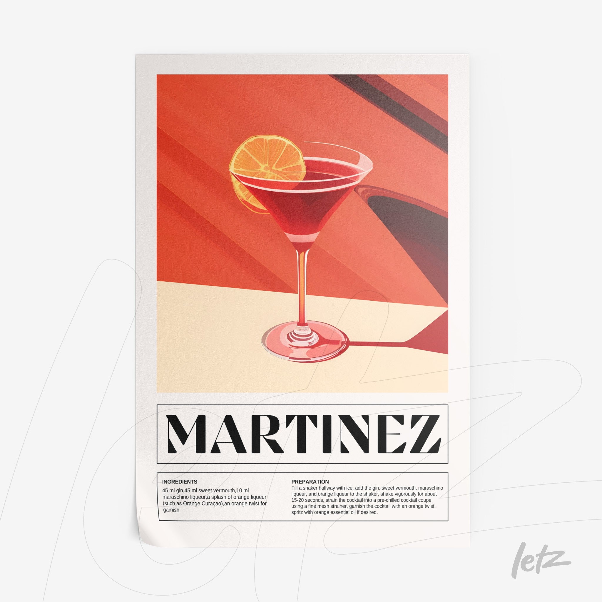graphic art print of martinez cocktail against vibrant red background