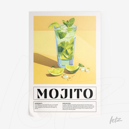 poster print featuring colorful illustration of mojito drink in a tall glass with lime and mint leaves on light yellow background