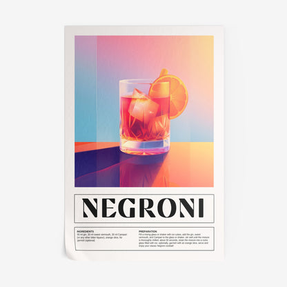poster featuring vibrant digital art of negroni cocktail with ice details and a slice of lemon