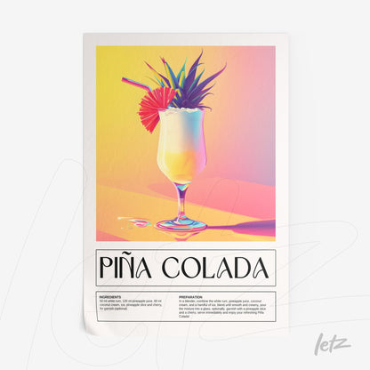 framed wall art featuring a colorful illustration of piña colada cocktail with soft texture, pineapple, and umbrella details