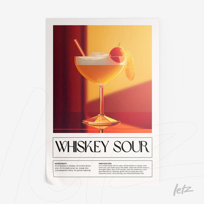 illustrative art print of whiskey sour cocktail against an orange gradient background