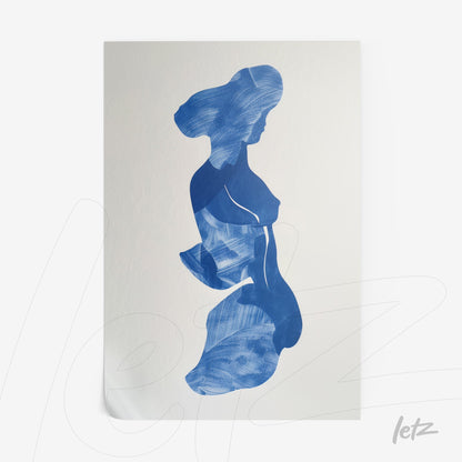 abstract wall art in blue depicting a female figure on a white background