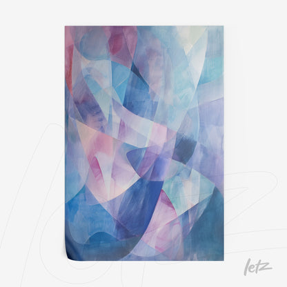 abstract wall art in shades of blue and pink featuring fluid, overlapping shapes