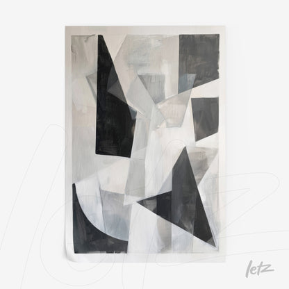 abstract wall art featuring black and white geometric shapes over a light gray background
