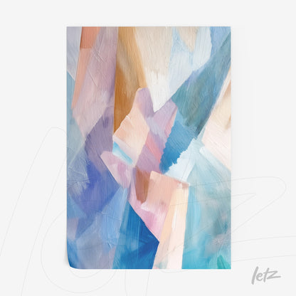 abstract art print featuring soft layers of blue, pink, and beige hues