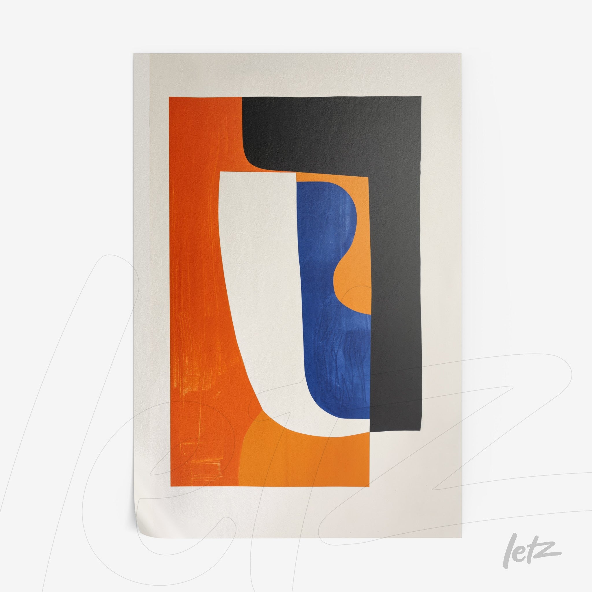 abstract wall art featuring geometric shapes in orange, blue, and black on a light background