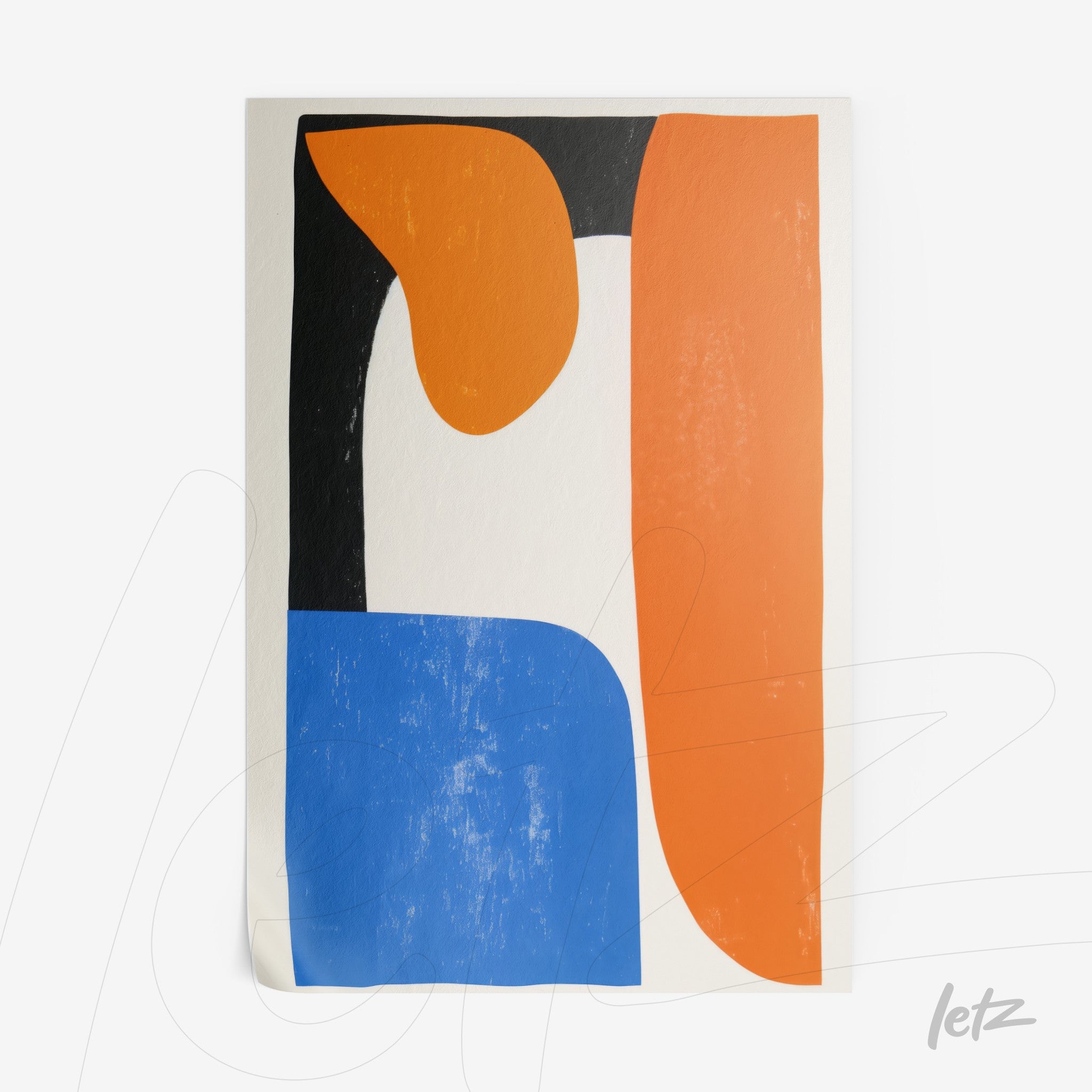 abstract wall art featuring blue, orange, and black shapes on a light background