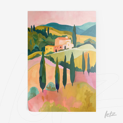 framed artwork depicting a pastel countryside landscape featuring cypress trees and a farmhouse against ornamental rolling hills