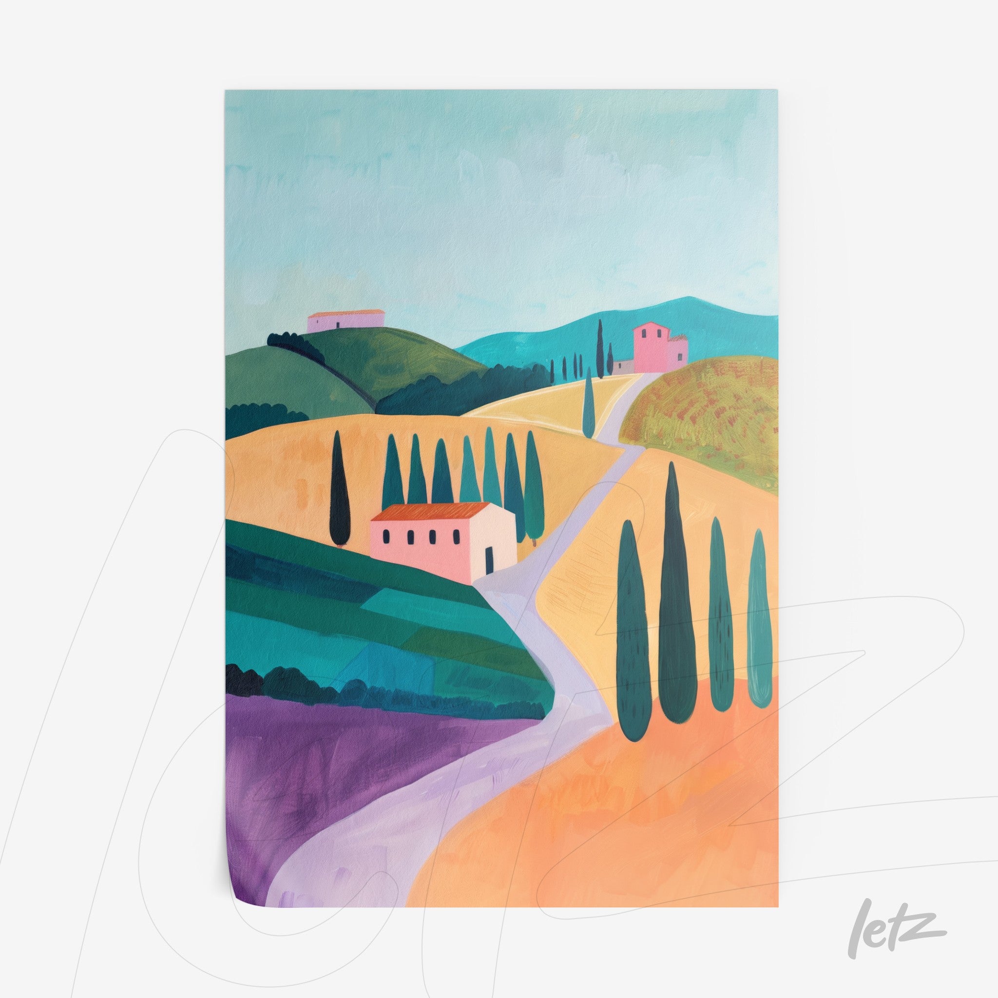 framed artwork featuring a stylized countryside landscape with rolling hills, tall cypress trees, and small colorful houses