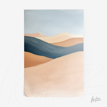 framed wall art featuring an abstract desert landscape illustration in earthy and blue tones
