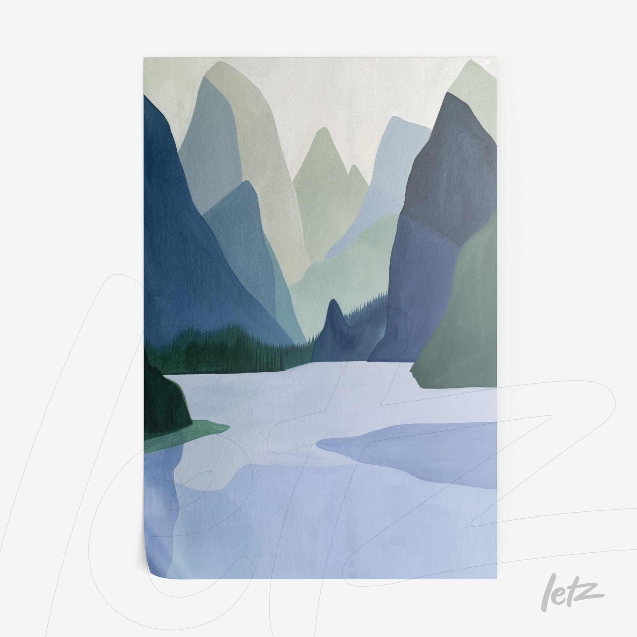 framed artwork featuring abstract mountainous landscape in shades of blue and green, with a lake reflecting the hills in the background