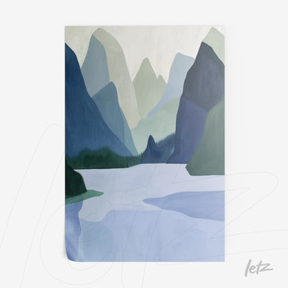 framed artwork featuring abstract mountainous landscape in shades of blue and green, with a lake reflecting the hills in the background