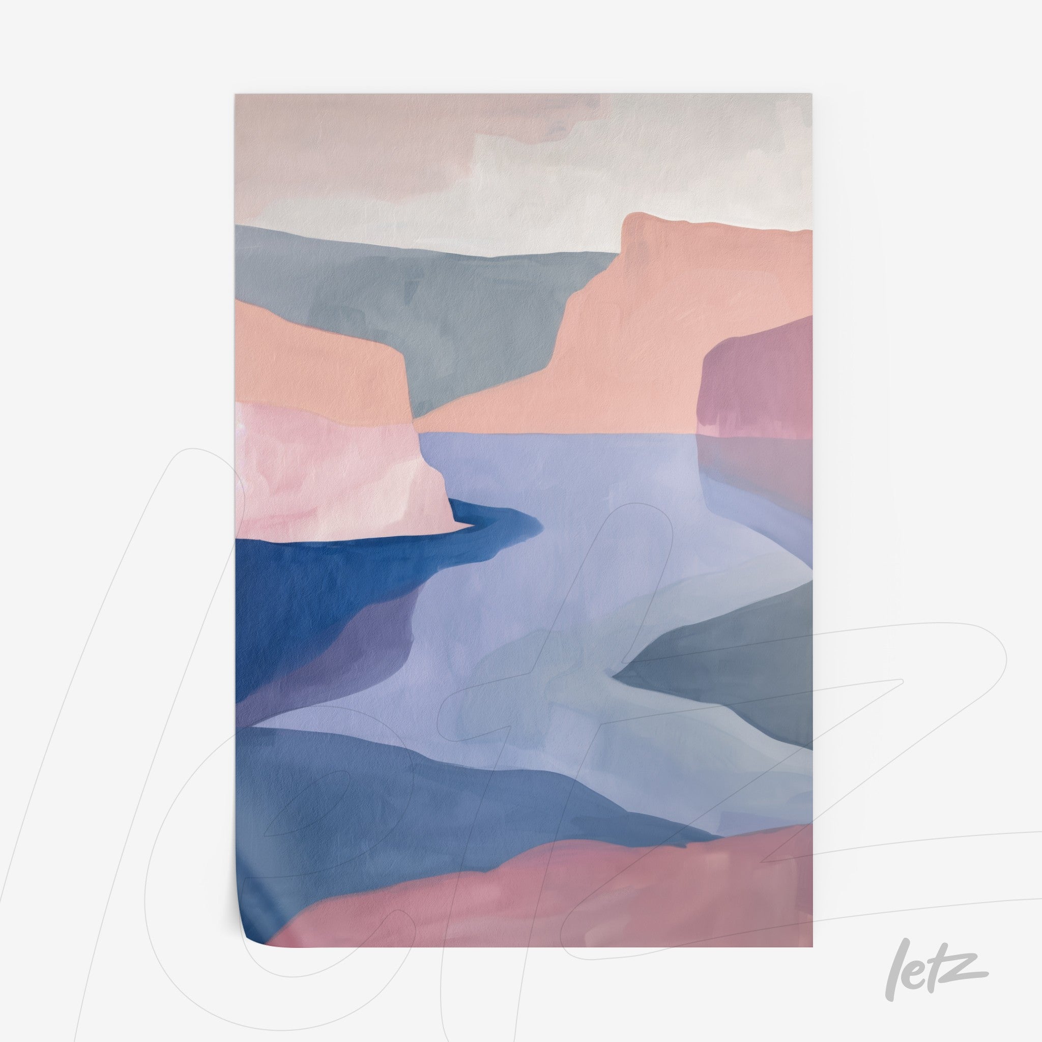 abstract wall art in pastel tones depicting a mountainous landscape with a body of water