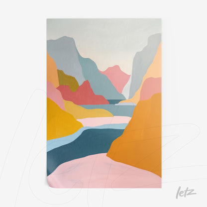 abstract wall art featuring mountain landscapes in soft pastel colors and geometric shapes
