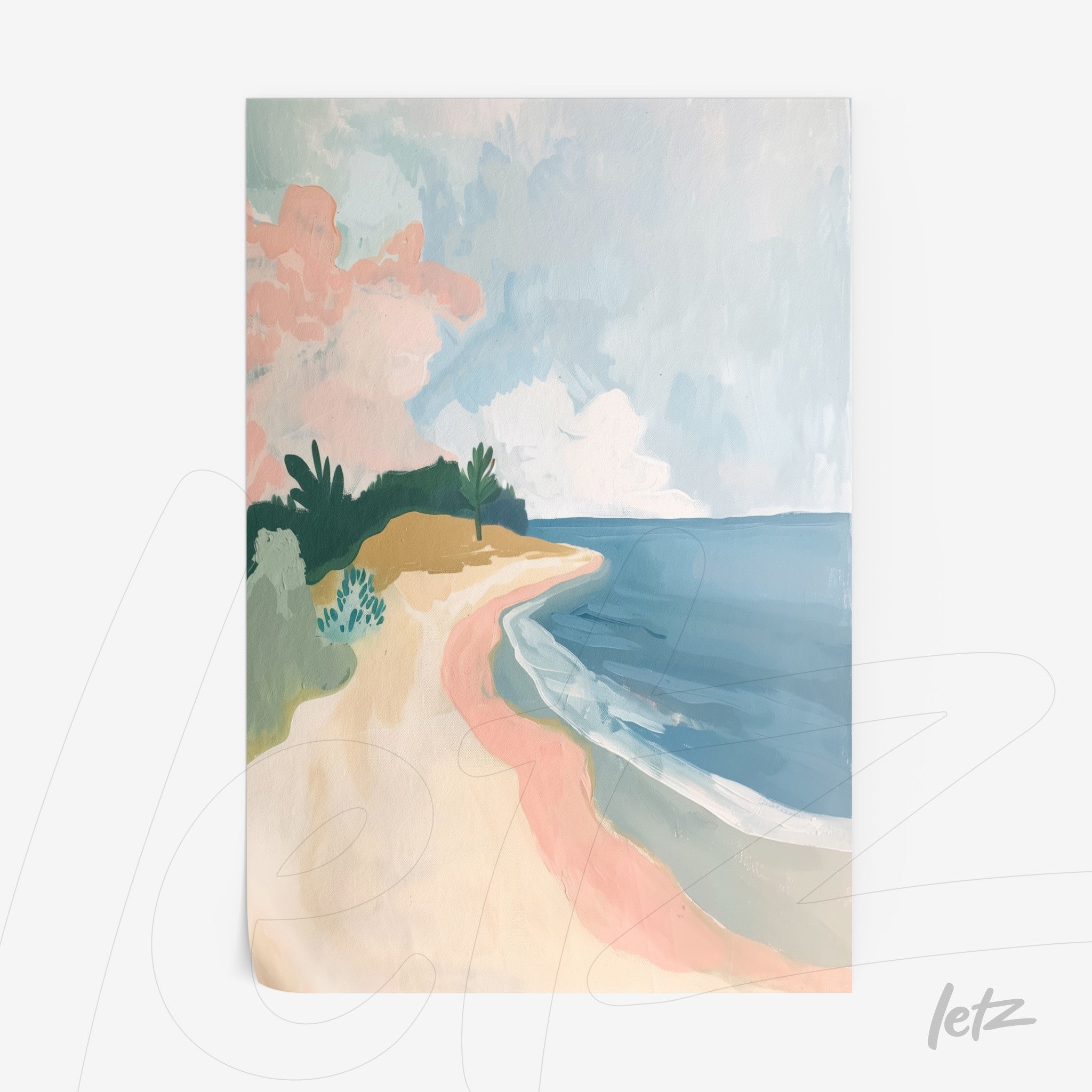 artistic wall art depicting a serene beach landscape with blue sky and green details