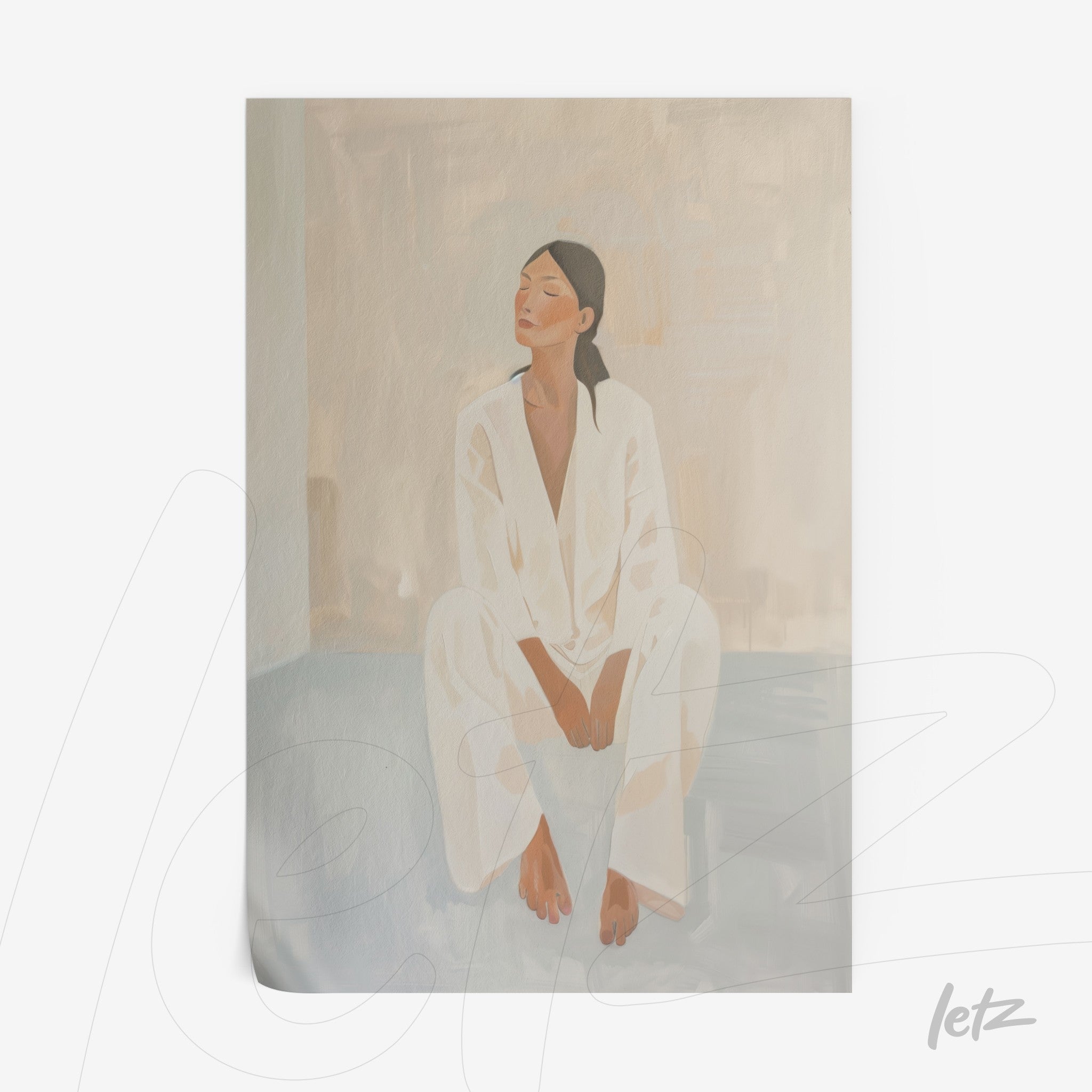 framed digital art of a seated woman in white attire against a light background with tied hair