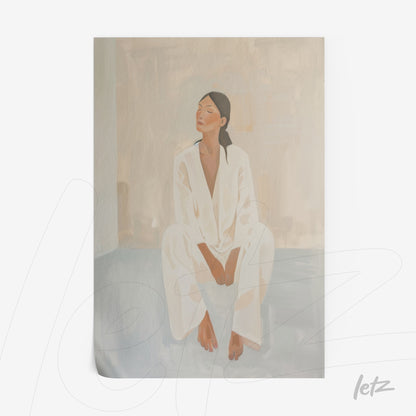 framed digital art of a seated woman in white attire against a light background with tied hair