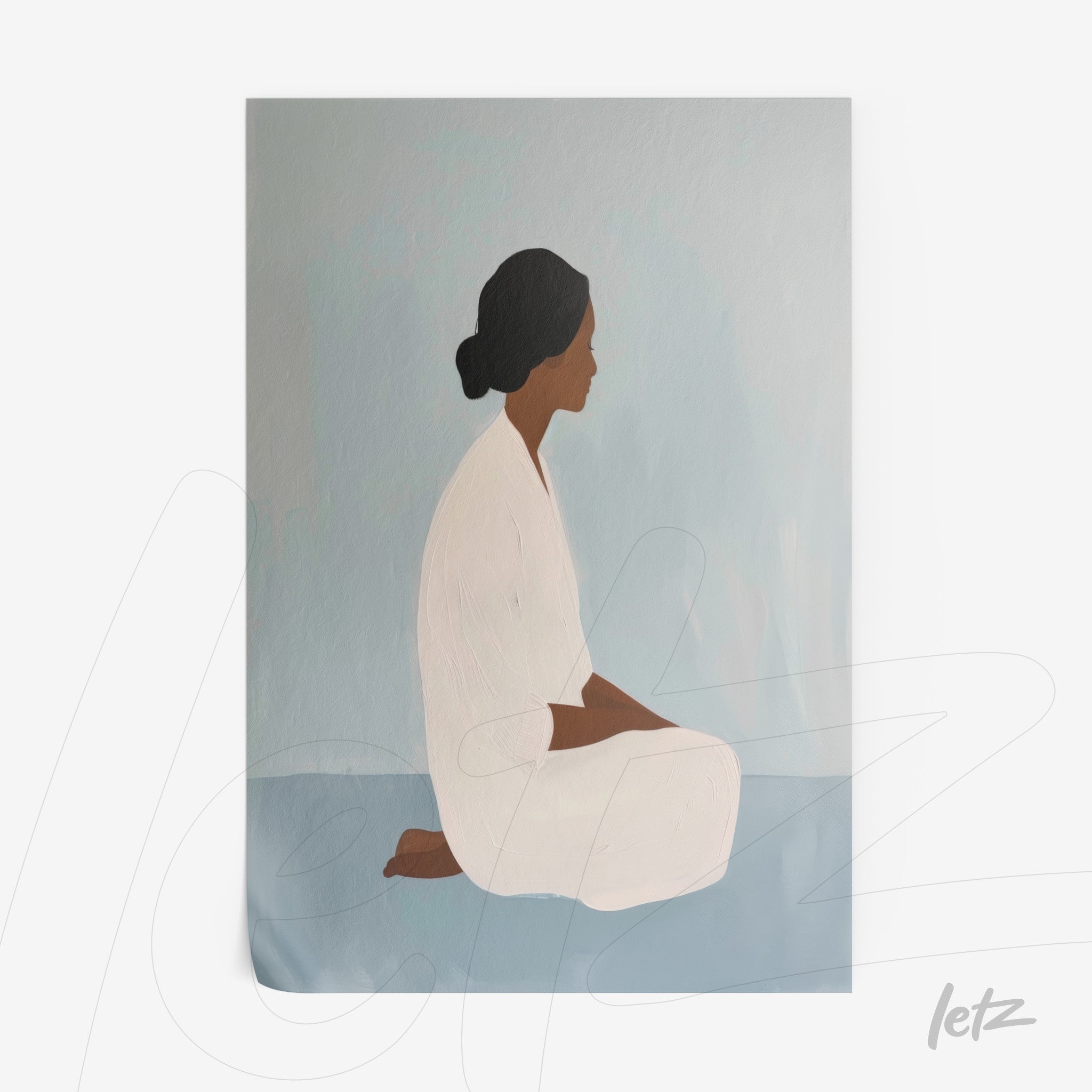 minimalist wall art of woman sitting in meditation pose with light blue gradient background