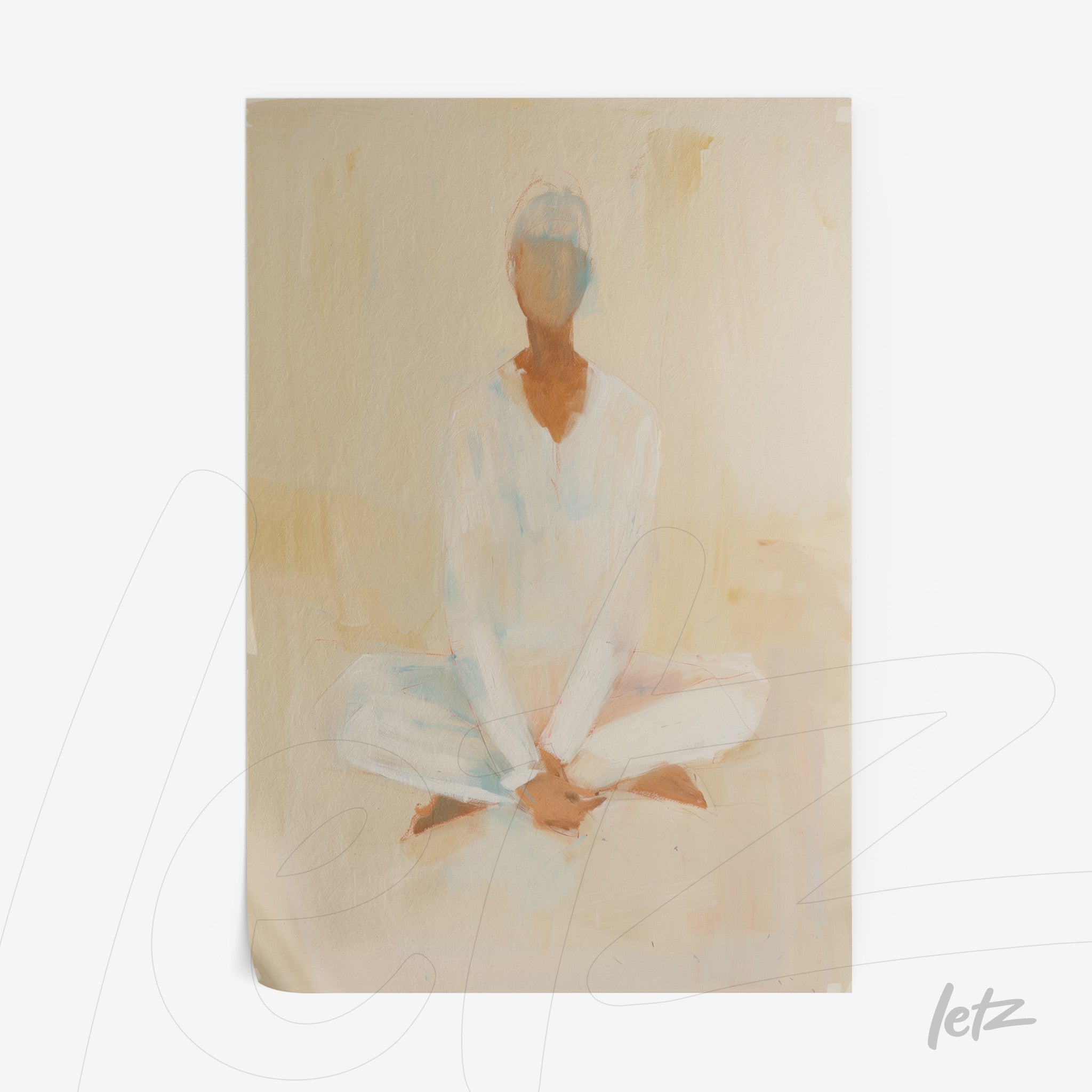 art piece featuring an abstract figure in lotus position against a soft background