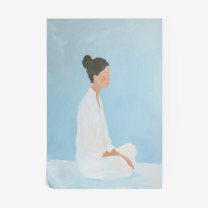 artwork featuring a woman sitting in a meditation pose with a soft blue background
