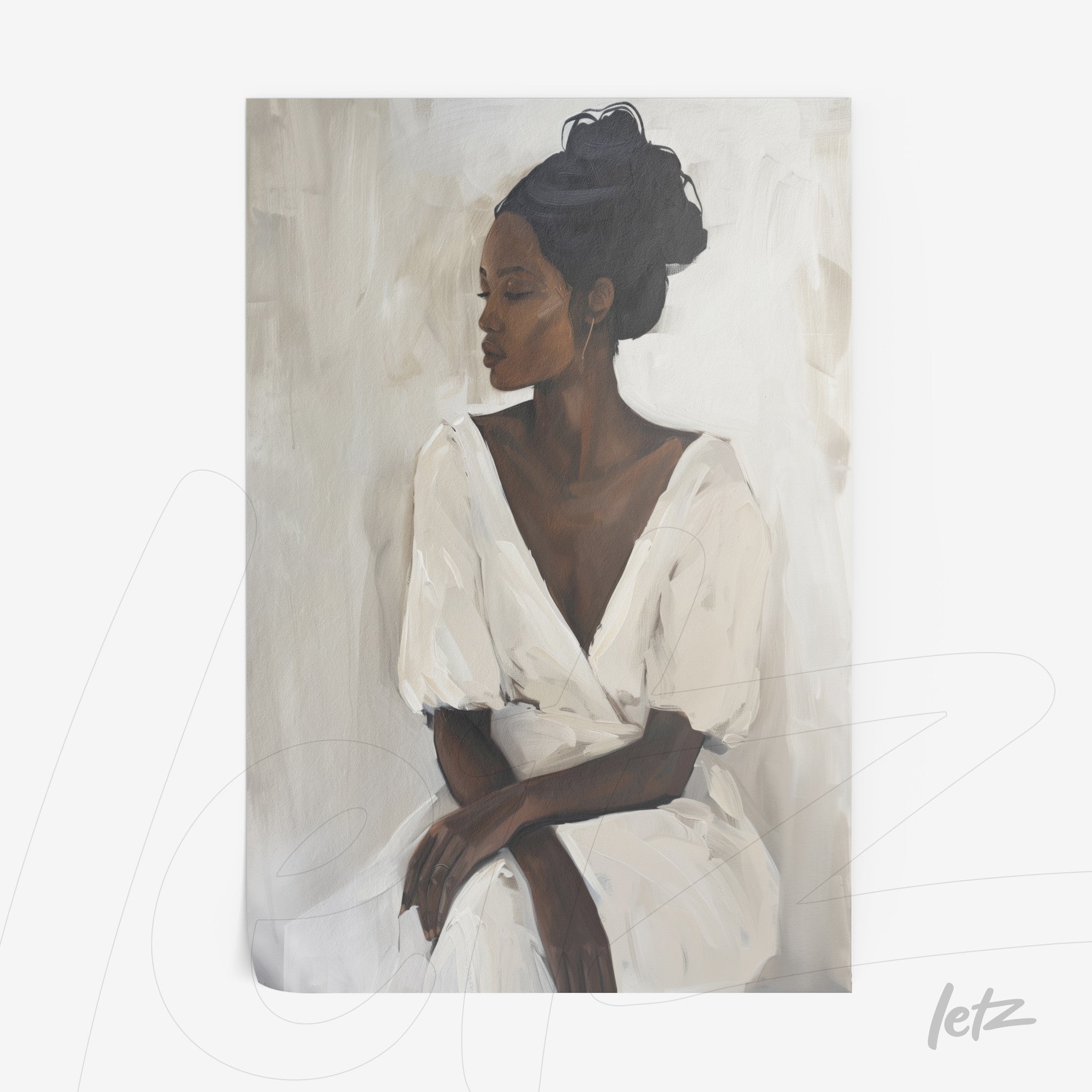 digital artwork of a woman in a white dress with her hair up, soft neutral background