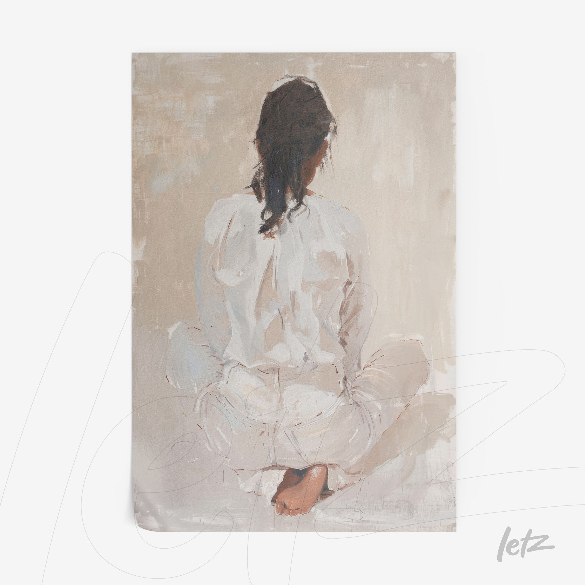 minimalist wall art featuring a seated female figure viewed from the back, dressed in white against a neutral background