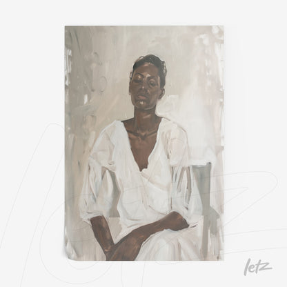canvas painting of a dark-skinned woman wearing a white shirt, set against a soft background with neutral tones