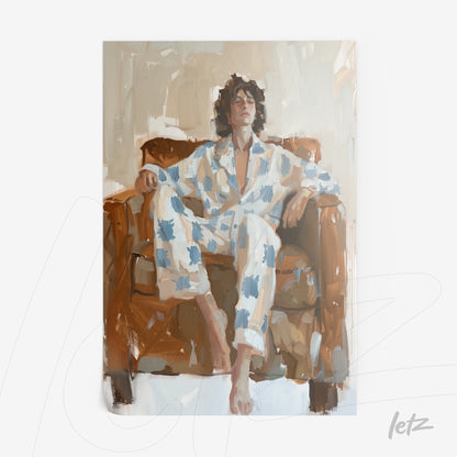 digital art of a man lounging on a sofa wearing blue and white floral patterned pajamas