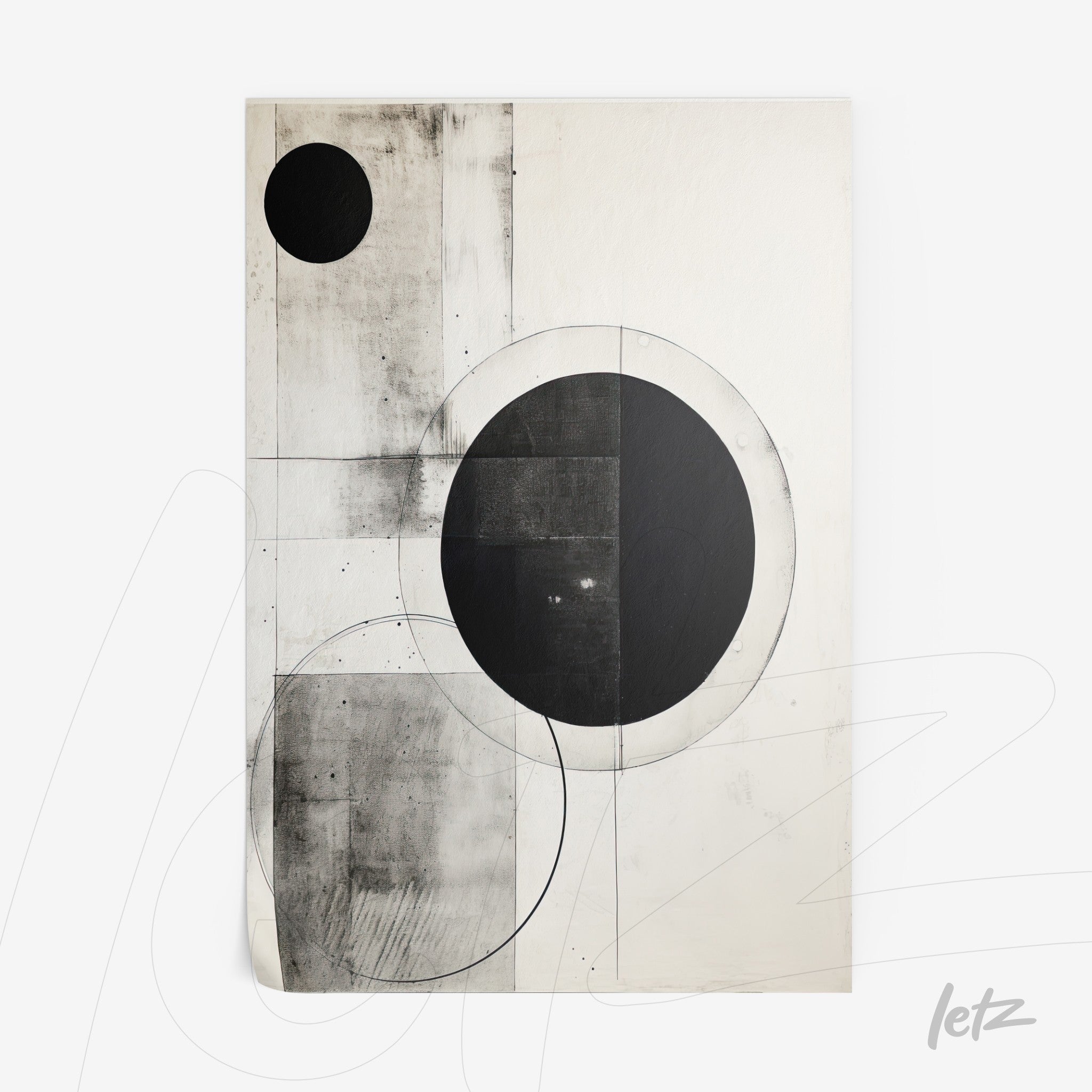 canvas print featuring an abstract black and white composition with circles and geometric shapes