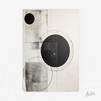 canvas print featuring an abstract black and white composition with circles and geometric shapes